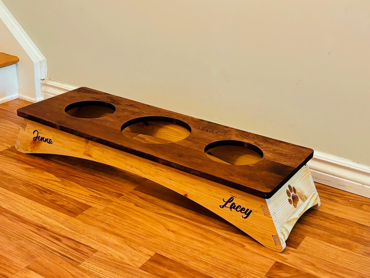 custom made dog and cat food station with custom made name engraving 